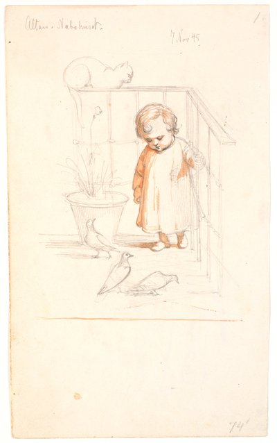 Escena en un balcón. Niño pequeño observando unas palomas. En la barandilla del fondo un gato enrollado de Johan Thomas Lundbye