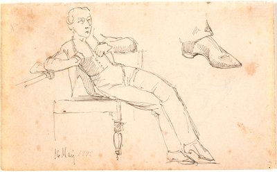 Hoja de cuaderno de bocetos con joven sentado y estudio de un zapato de Johan Thomas Lundbye