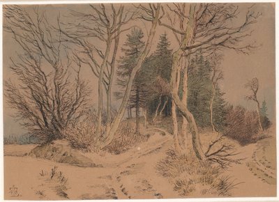 Caminos nevados entre abetos y árboles desnudos de Johan Thomas Lundbye