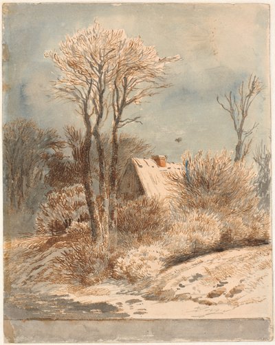 Paisaje nevado con casa entre árboles de Johan Thomas Lundbye