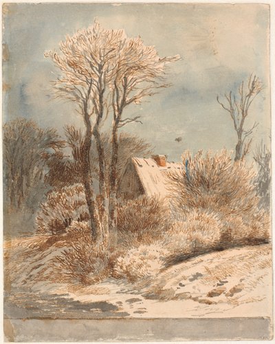 Paisaje nevado con casa entre árboles de Johan Thomas Lundbye