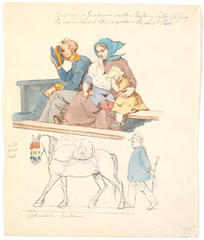 Soldado y esposa con dos niños, sentados en un banco. A la derecha, un caballo con equipaje seguido por un hombre de Johan Thomas Lundbye