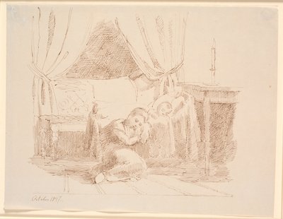 Interior de un dormitorio con una niña sentada en el suelo durmiendo, apoyada en una cuna con un niño durmiendo de Johan Thomas Lundbye