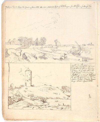 Muro de piedra en Rakløv en Refsnæs. Dibujo realizado directamente en la página 10 del cuaderno de Johan Thomas Lundbye