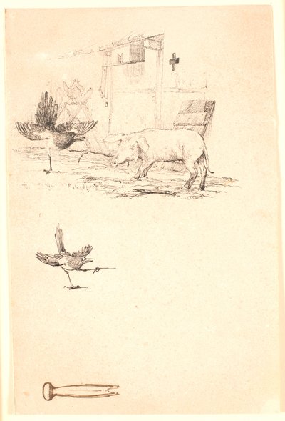 La cigüeña y el cerdo. Debajo, estudio del grajo y una herramienta. Ilustración para "Fábulas para niños" de Kaalund. Ver comentario del catálogo de archivos. de Johan Thomas Lundbye