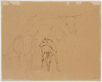 Studie eines grasenden Pferdes, eines Fohlens und einer liegenden Kuh de Johan Thomas Lundbye