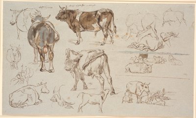 Hoja de estudio de Vognserup. Estudios de vacas, toros y terneros. A la derecha, dos estudios de paisajes, el superior con vacas acostadas, el inferior con escena de ordeño de Johan Thomas Lundbye