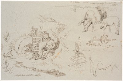 Estudio de hoja de Vognserup. A la izquierda, un pastor (el viejo Rasmus Larsen) sentado con un perro junto a una puerta. En primer plano, un estudio de paisaje con nombres de lugares. Debajo, dos cerdos. A la derecha, un estudio de juncos en un lago. Deba de Johan Thomas Lundbye