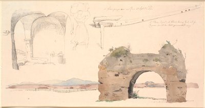 Hoja de estudio de la Campaña Romana, Italia. Abajo, estudio en acuarela de un arco de acueducto romano con vista a montañas bajas. Estudio de espacio abierto con bóvedas planas, en el centro una italiana llevando un gran bulto en la cabeza, a la derecha u de Johan Thomas Lundbye