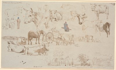 Hoja de estudio del lugar de ordeño en Vognserup. Arriba, estudios de vacas, en el medio, entre otros, el carro de ordeño y abajo, el edificio principal de Vognserup y anexos de Johan Thomas Lundbye