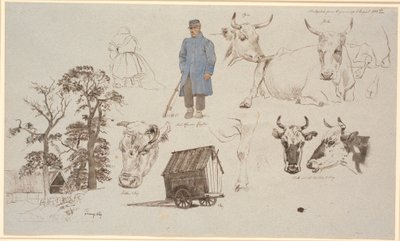 Hoja de estudio del área de ordeño en Vognserup. Estudios de vacas. A la izquierda, granja detrás de tres árboles altos, en el centro, una lechera sentada de espaldas y un pastor de pie. A la derecha, un carro de pastor de Johan Thomas Lundbye