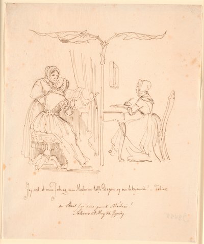 Imagen doble con dos señoras leyendo cartas a la izquierda, una señora escribiendo cartas a la derecha de Johan Thomas Lundbye
