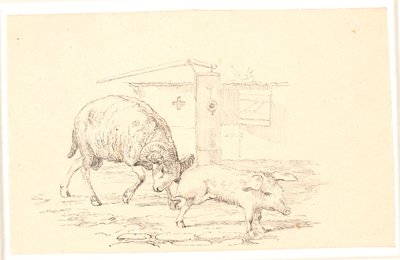 El carnero y el cerdo. Ilustración para "Fábulas para niños" de Kaalund. Ver comentario del catálogo de archivos. de Johan Thomas Lundbye