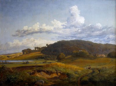 Vista desde Vinderød hacia Høbjerg cerca de Frederiksværk, con la casa de los padres de J. Th. Lundbye de Johan Thomas Lundbye