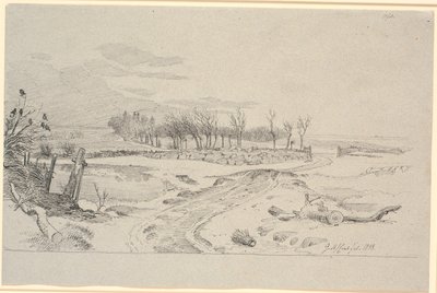 Paisaje invernal con un camino que serpentea a través de los campos y un muro de piedra de Johan Thomas Lundbye