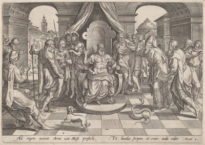 Moisés y Aarón ante el faraón de Johan Wierix, after Maarten van Cleef