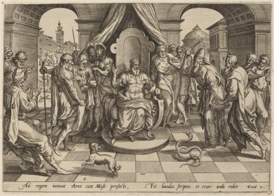 Moisés y Aarón ante el faraón de Johan Wierix, after Maarten van Cleef