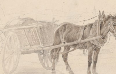 Un carro tirado por un caballo marrón cerca de un poste de lámpara, Verso: Un grupo de oficiales montados de Johann Adam Klein