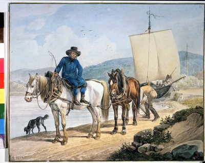 "" Un caballo y un carro en el río "". Caballos a lo largo de un río remolcando un bote o utilizados para descargar mercancías en un camino de sirga". Pintura de Johann Adam Klein (1792-1875) de Johann Adam Klein