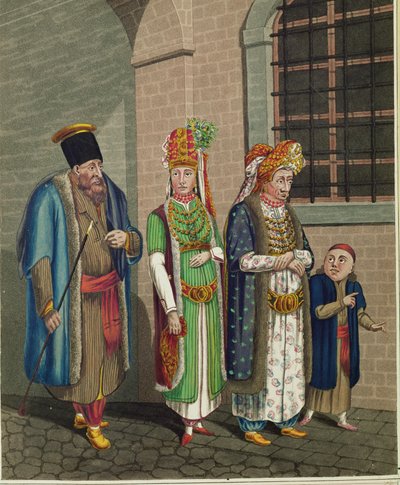 Una familia de judíos turcos, con sus trajes típicos... de Johann Adolph Opitz