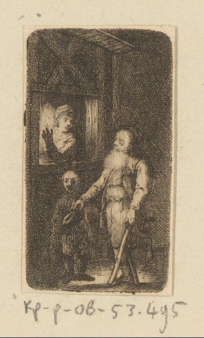Viejo mendigo lisiado con un niño y una mujer frente a una ventana de Johann Andreas Benjamin Nothnagel