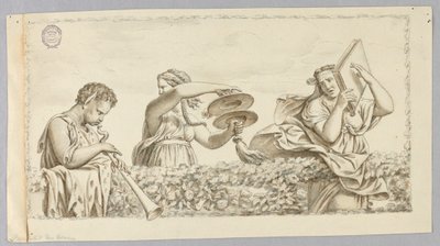 Un niño sátiro tocando la flauta, una niña con platillos, una mujer con un libro de Johann August Nahl the Younger