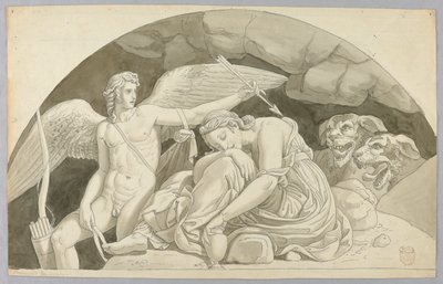 Cupido despierta a Psique superada por el contenido del jarrón llenado por Proserpina de Johann August Nahl the Younger