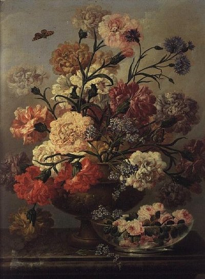 Claveles y nomeolvides con rosas en un cuenco de vidrio de Johann Baptist Drechsler
