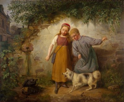 Dos niños con un Spitz de Johann Baptist Zwecker