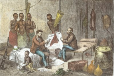 Dr. David Livingstone (1813-73) y el Sr. Henry Morton Stanley (1841-1904) recibiendo periódicos en África Central, grabado por Pearson (posterior coloración) de Johann Baptist Zweecker