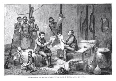 Dr. David Livingstone (1813-73) y el Sr. Henry Morton Stanley (1841-1904) recibiendo periódicos en África Central, grabado por Pearson de Johann Baptist Zweecker