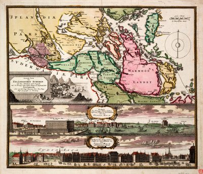 Mapa exacto de las estribaciones de las tierras altas con la situación y los alrededores de la capital real sueca y ciudad residente de Estocolmo, c.1740 (grabado coloreado) de Johann Baptista Homann