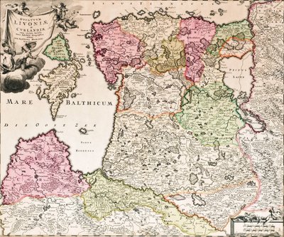 El Mar Báltico De: Baltikum Ducatuum Livoniae et Curlandiae cum vicinis Insulis Nova Exhibitio Geographica, ca 1720 de Johann Baptista Homann