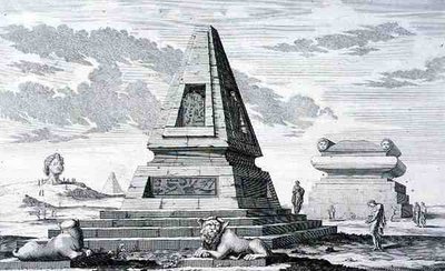 Pirámides que marcan la Tumba del Rey Sotis de Egipto, encontradas en las ruinas de Heliópolis. de 