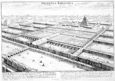 Vista de la Antigua Babilonia mostrando los Jardines Colgantes y el Templo de Júpiter Belus, lámina 3 de 