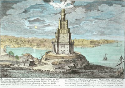 Faro de Alejandría, construido por Ptolomeo el Grande (36-después de 30 a.C.), Egipto, de Proyecto de una arquitectura histórica, grabado por Johann Adam Delsenbach (1687-1765) 1721 (color posterior) de Johann Bernhard Fischer von Erlach