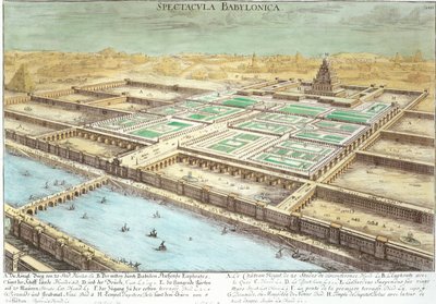 Vista de la antigua Babilonia mostrando los Jardines Colgantes y el Templo de Júpiter Belus, placa 3 de 