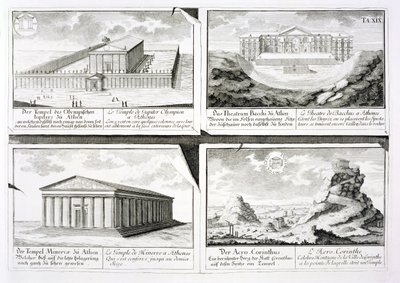 Vistas de cuatro edificios clásicos: El Templo de Zeus Olímpico, el Teatro de Dionisio en Atenas, el Templo de Atenea en Atenas y un Templo en Corinto, de Entwurf einer historischen Architektur de Johann Bernhard Fischer von Erlach