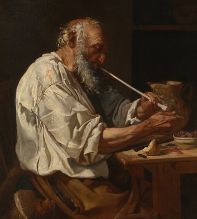 Viejo campesino encendiendo una pipa, c. 1660 de Johann Carl Loth