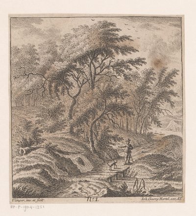 Hombre con un perro caminando por el borde del bosque de Johann Caspar Ulinger