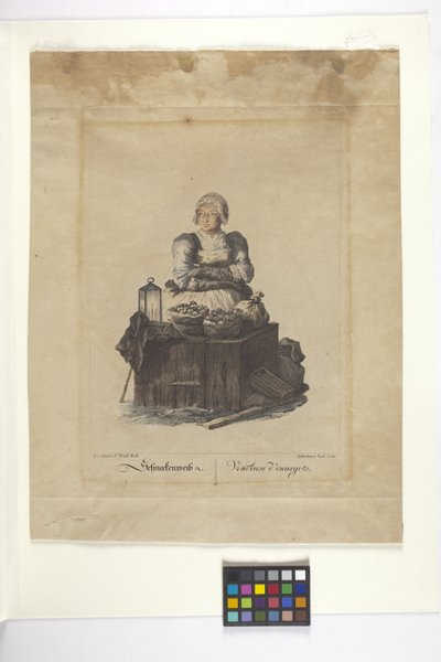 Schneckenweib Or Vendeuse Des Escargots (Vendedora de caracoles) (grabado coloreado a mano) de Johann Christian (after) Brand