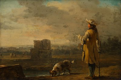 Caballero con perro en un paisaje de Johann Christian Brand