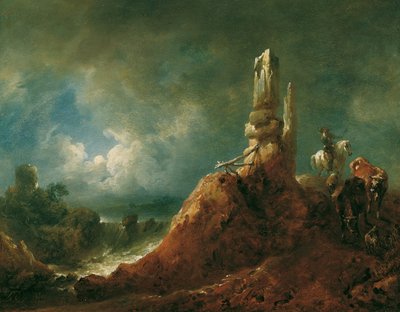 Paisaje con ruinas y jinetes a la luz de la luna de Johann Christian Brand