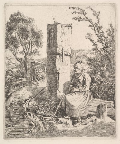 Una anciana sentada cerca de un pilar al lado del camino de Johann Christian Erhard