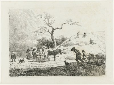 Paisaje invernal con niños en trineo y varios senderistas de Johann Christian Klengel