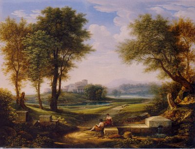 Alemán: Paisaje ideal con dos pastores en un manantial. de Johann Christian Reinhart