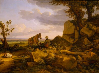 Paisaje italiano con cazador descansando, autorretrato de Johann Christian Reinhart