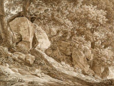 Paisaje rocoso con Pan tocando su flauta (En el parque de la Villa Chigi, Ariccia) de Johann Christian Reinhart