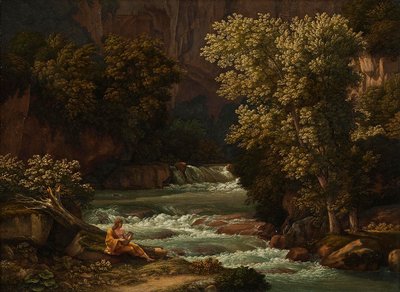 Vista del Ponte Lupo cerca de Tivoli, con una persona tocando la lira en primer plano de Johann Christian Reinhart