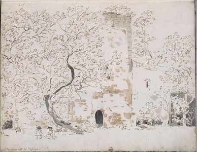 Dos dibujantes ante un castillo detrás de árboles: en Maienlust, cerca de Wasungen de Johann Christian Reinhart